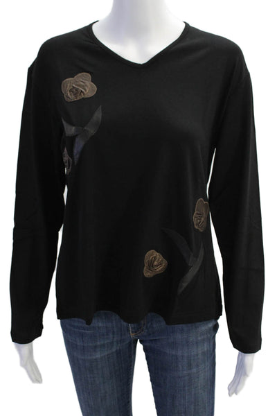 Natto Womens Floral Applique Long Sleeve Stretch Basic Shirt Black Size XL