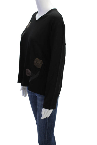 Natto Womens Floral Applique Long Sleeve Stretch Basic Shirt Black Size XL