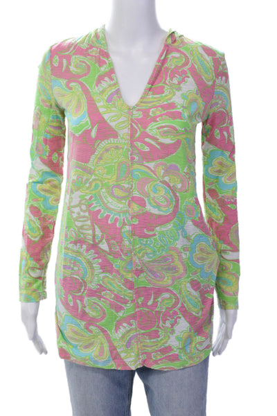 Lily Pulitzer Womens Cotton V-neck Hood Long Sleeve Abstract Blouse Green Size S