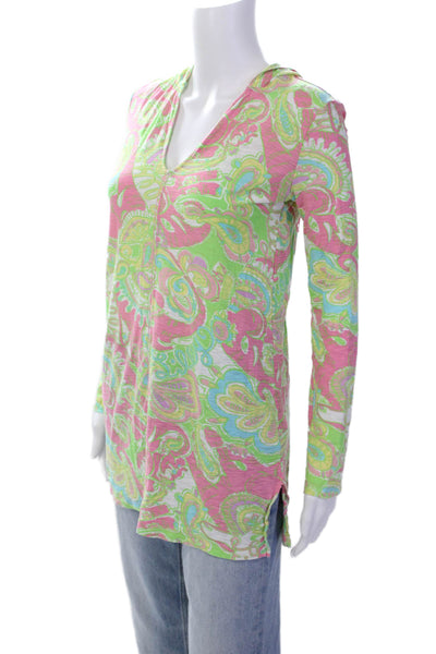 Lily Pulitzer Womens Cotton V-neck Hood Long Sleeve Abstract Blouse Green Size S
