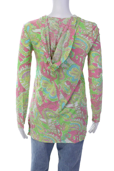 Lily Pulitzer Womens Cotton V-neck Hood Long Sleeve Abstract Blouse Green Size S