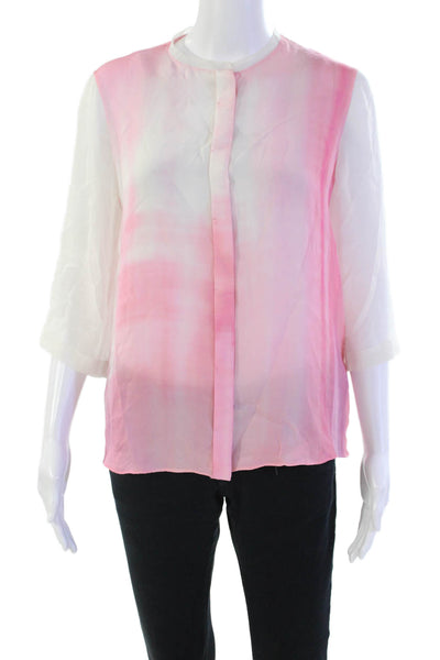 Elie Tahari Womens Silk Tie Dye Long Sleeve Button Up Blouse Top Pink Size M