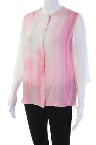 Elie Tahari Womens Silk Tie Dye Long Sleeve Button Up Blouse Top Pink Size M