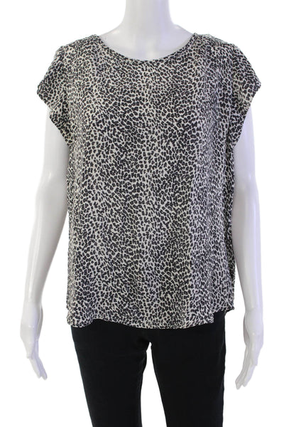 Joie Womens Silk ANimal Print Round Neck Short SLeeve Blouse Top White Size L