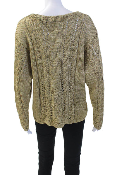 DKNY Women's Round Neck Long Sleeves Cable-Knit Pullover Sweater Gold Size P