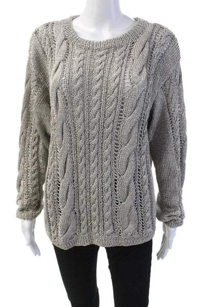 DKNY Women's Round Neck Long Sleeves Cable-Knit Pullover Sweater Silver Size S