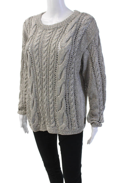 DKNY Women's Round Neck Long Sleeves Cable-Knit Pullover Sweater Silver Size S