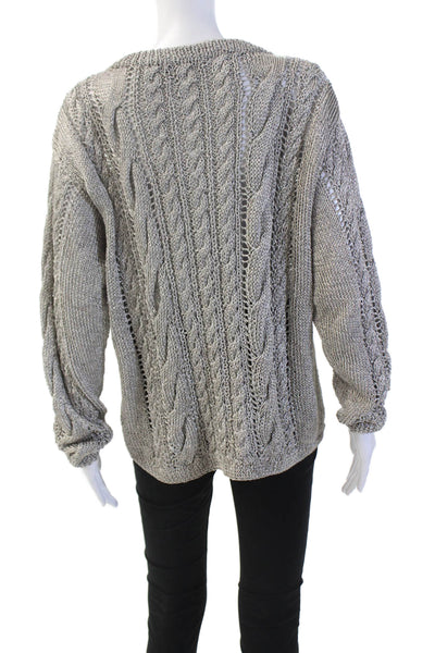 DKNY Women's Round Neck Long Sleeves Cable-Knit Pullover Sweater Silver Size S