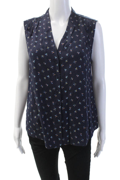 Tailored Rebecca Taylor Womens Button Front Printed Silk Shirt Navy Blue Size 8