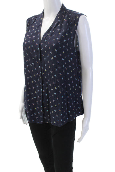 Tailored Rebecca Taylor Womens Button Front Printed Silk Shirt Navy Blue Size 8