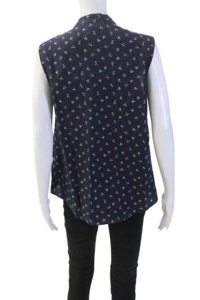 Tailored Rebecca Taylor Womens Button Front Printed Silk Shirt Navy Blue Size 8
