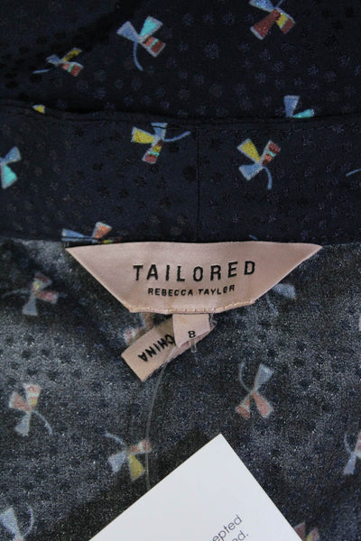 Tailored Rebecca Taylor Womens Button Front Printed Silk Shirt Navy Blue Size 8