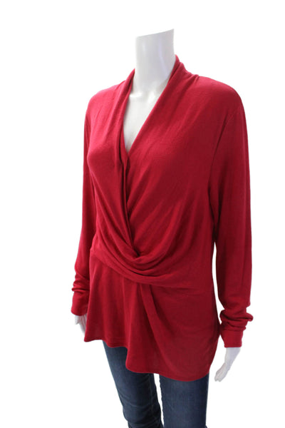 Halston Womens Cotton Long Sleeve V-neck Knit Casual Top Red Size M