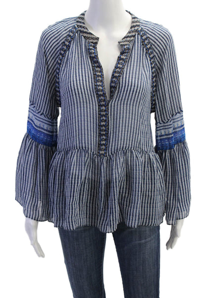 BCBG Max Azria Womens Geometric Print Y-Neck Long Sleeve Blouse Blue Size M