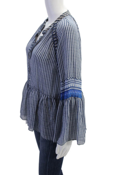 BCBG Max Azria Womens Geometric Print Y-Neck Long Sleeve Blouse Blue Size M