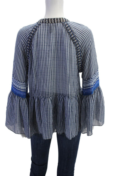 BCBG Max Azria Womens Geometric Print Y-Neck Long Sleeve Blouse Blue Size M