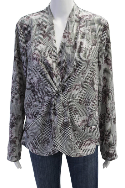 Rachel Rachel Roy Womens Houndstooth Long Sleeve V-Neck Blouse White Size 10