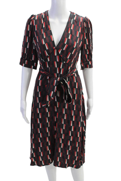 Cefinn Womens V-Neck Geometric Print Short Sleeve Waist Tied Dress Red Size 6