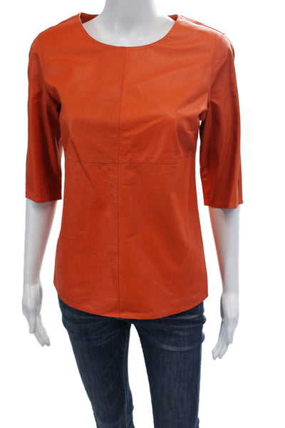 In Transit 2 Womens Leather Crew Neck Zip Back Blouse Top Orange Size S