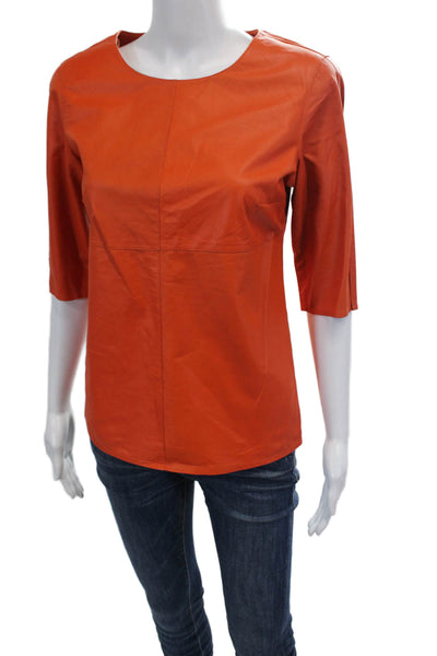 In Transit 2 Womens Leather Crew Neck Zip Back Blouse Top Orange Size S