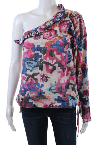 Chufy Womens One Shoulder Long Sleeve Pleated Trim Blouse Multicolor Size S