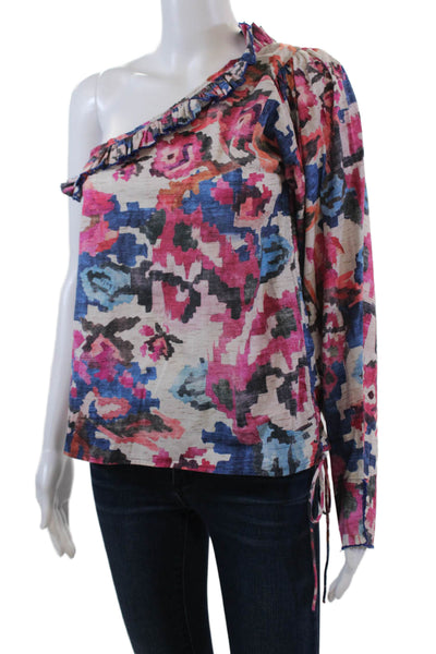 Chufy Womens One Shoulder Long Sleeve Pleated Trim Blouse Multicolor Size S