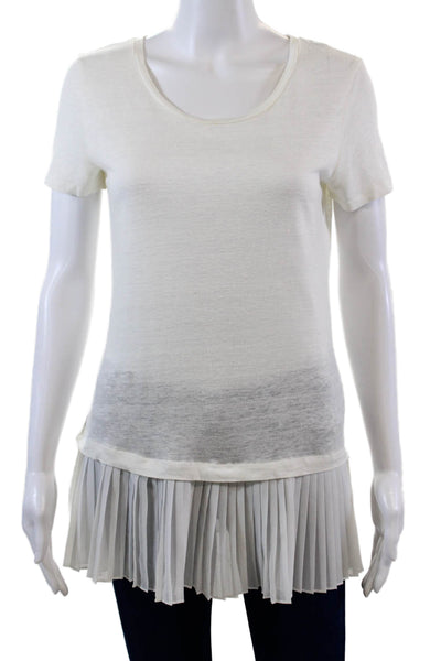 Sandro Womens Linen Round Neck Short Sleeve Pleated Hem Top White Size S