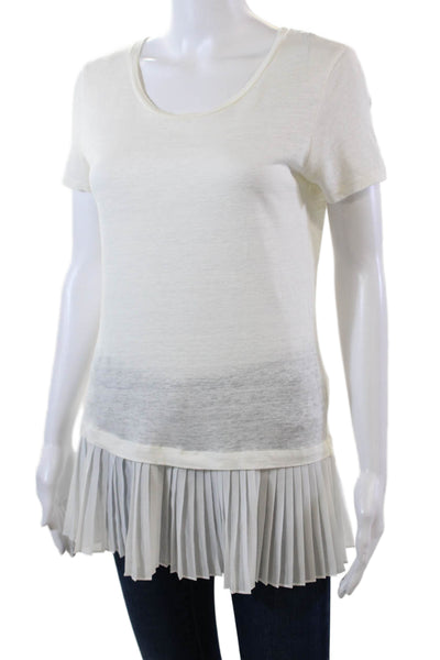 Sandro Womens Linen Round Neck Short Sleeve Pleated Hem Top White Size S