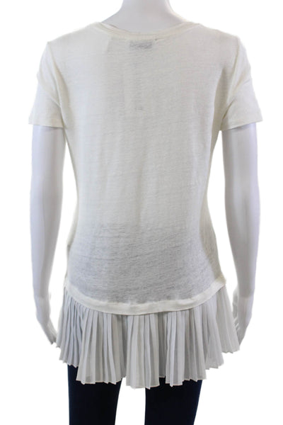 Sandro Womens Linen Round Neck Short Sleeve Pleated Hem Top White Size S