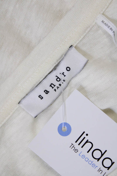 Sandro Womens Linen Round Neck Short Sleeve Pleated Hem Top White Size S