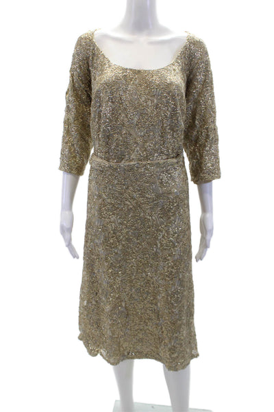 David Meister Womens Round Neck Short Sleeves Lace Sequin Midi Dress Gold Size 2