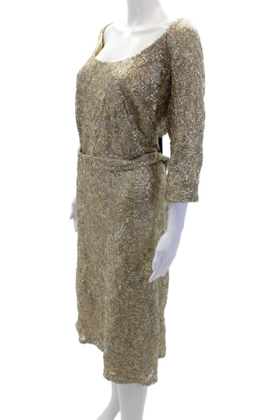 David Meister Womens Round Neck Short Sleeves Lace Sequin Midi Dress Gold Size 2