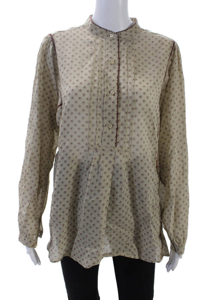 Closed Womens Half Button Long Sleeve Crew Neck Abstract Shirt Brown Size Small