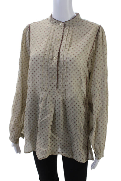 Closed Womens Half Button Long Sleeve Crew Neck Abstract Shirt Brown Size Small
