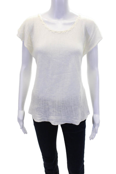 Minnie Rose Womens Braided Trim Short Sleeve Linen Blouse White Size L