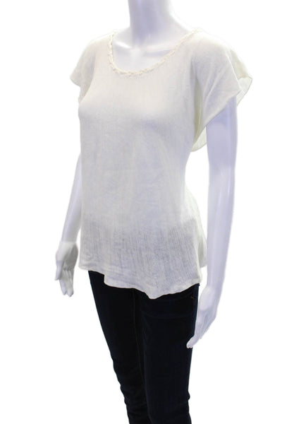 Minnie Rose Womens Braided Trim Short Sleeve Linen Blouse White Size L