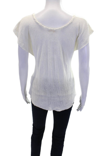 Minnie Rose Womens Braided Trim Short Sleeve Linen Blouse White Size L
