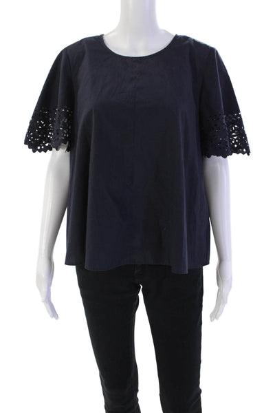 J Crew Women Short Sleeve Cotton Laser Cut Blouse Blue Size 8
