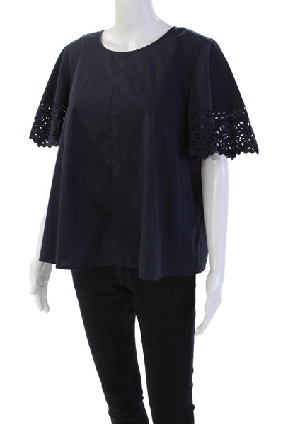 J Crew Women Short Sleeve Cotton Laser Cut Blouse Blue Size 8
