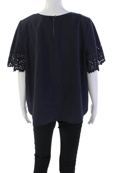 J Crew Women Short Sleeve Cotton Laser Cut Blouse Blue Size 8