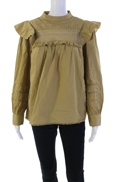 J Crew Womens Long Sleeve Embroidered Ruffle Trim Blouse Beige Size M