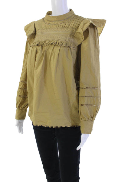 J Crew Womens Long Sleeve Embroidered Ruffle Trim Blouse Beige Size M