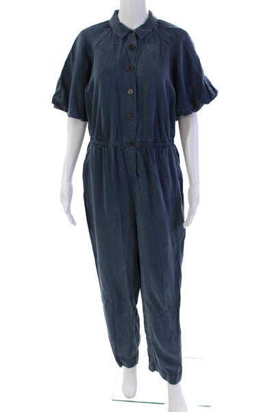 J Crew Womens Short Sleeve Button Up Straight Leg Jumpsuit Blue Size 10