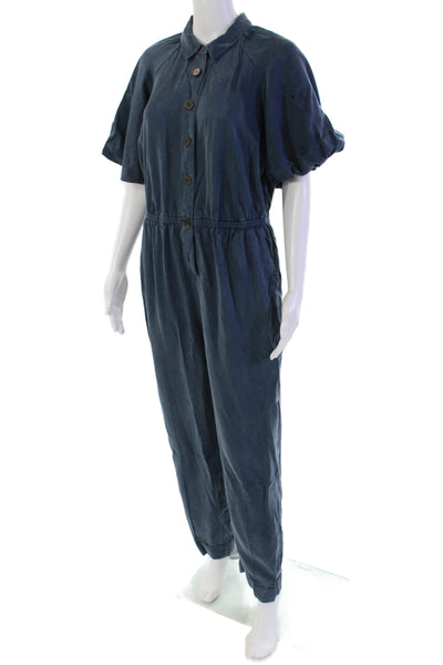 J Crew Womens Short Sleeve Button Up Straight Leg Jumpsuit Blue Size 10