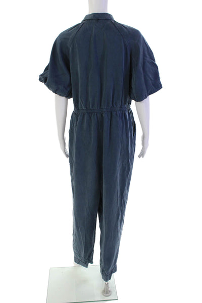 J Crew Womens Short Sleeve Button Up Straight Leg Jumpsuit Blue Size 10