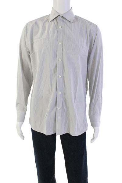 Hickey Freeman Mens Button Up Long Sleeve Striped Dress Shirt White Gray Size 16