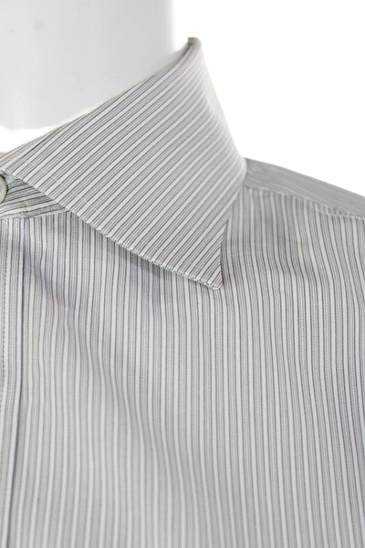 Hickey Freeman Mens Button Up Long Sleeve Striped Dress Shirt White Gray Size 16