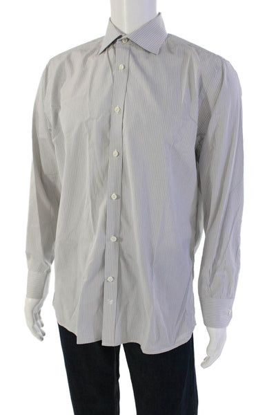 Hickey Freeman Mens Button Up Long Sleeve Striped Dress Shirt White Gray Size 16