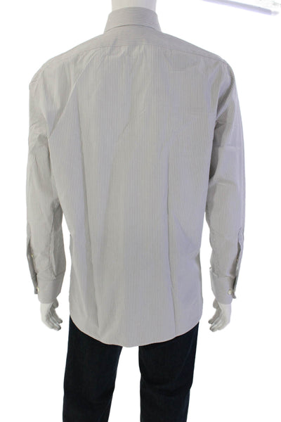 Hickey Freeman Mens Button Up Long Sleeve Striped Dress Shirt White Gray Size 16