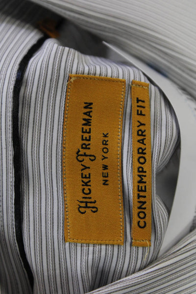 Hickey Freeman Mens Button Up Long Sleeve Striped Dress Shirt White Gray Size 16